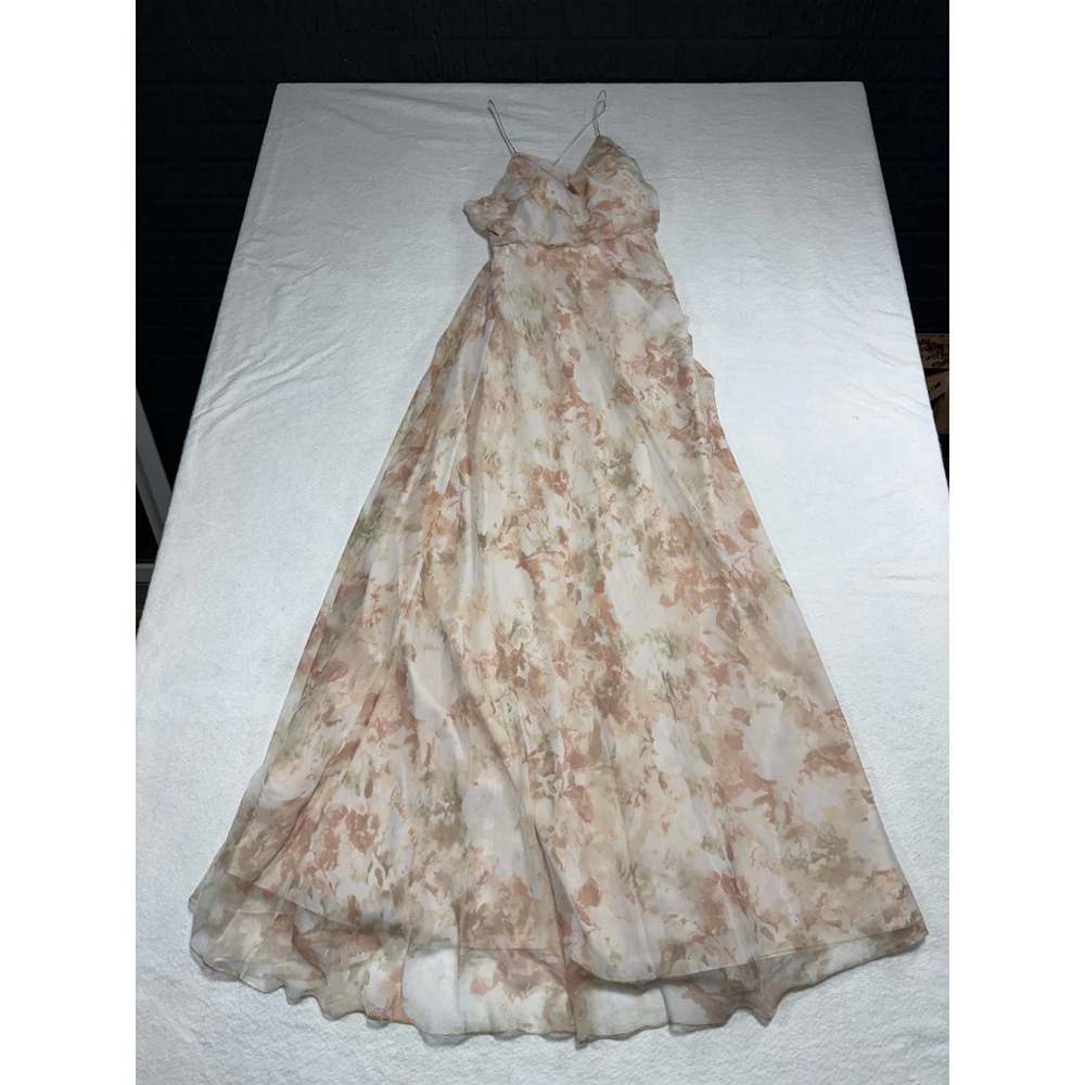 Jenny Yoo Collection Floral Maxi Dress Watercolor V-Neck Gown Tan Green Size 4